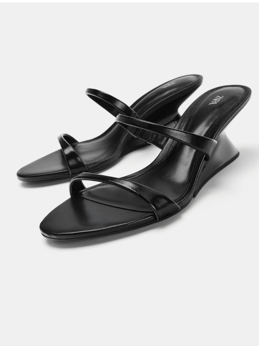 NWT Zara Front Strap Leather Wedge Mules Heels Sz:8 Black